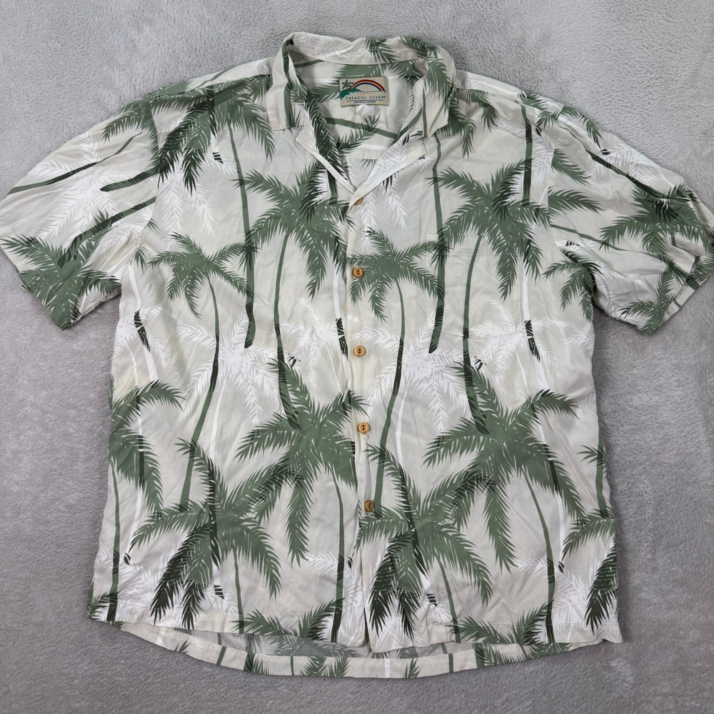 Paradise Found Mens XL Hawaiian Shirt Palm‎ Tree Print Short Sleeve Button Up